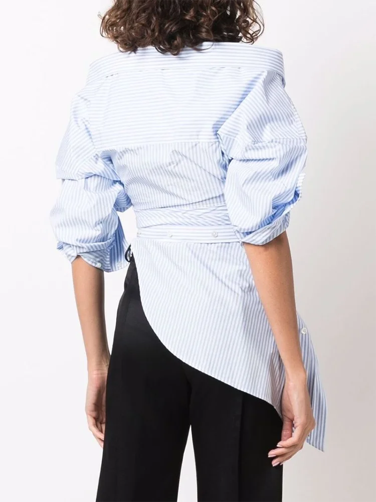 VGH Hit Color Striped Hollow Out Irregular Blouses For Women V Neck Long Sleeve Spliced Button Minimalist Shirts Female Fashion