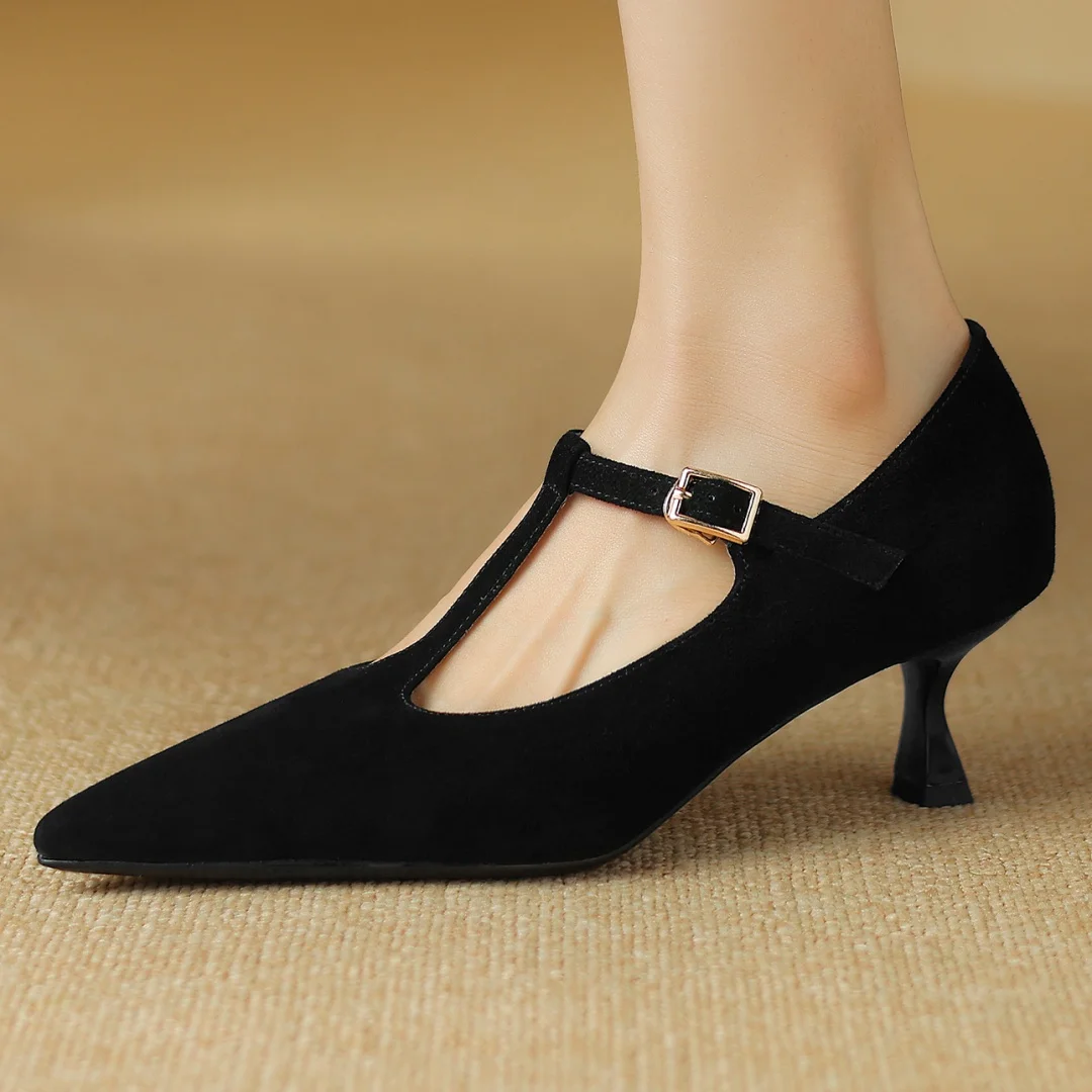 Elegant ladies thin high heel pointed toe t-strap pumps natural suede leather retro female evening dress heeled shoes for woman