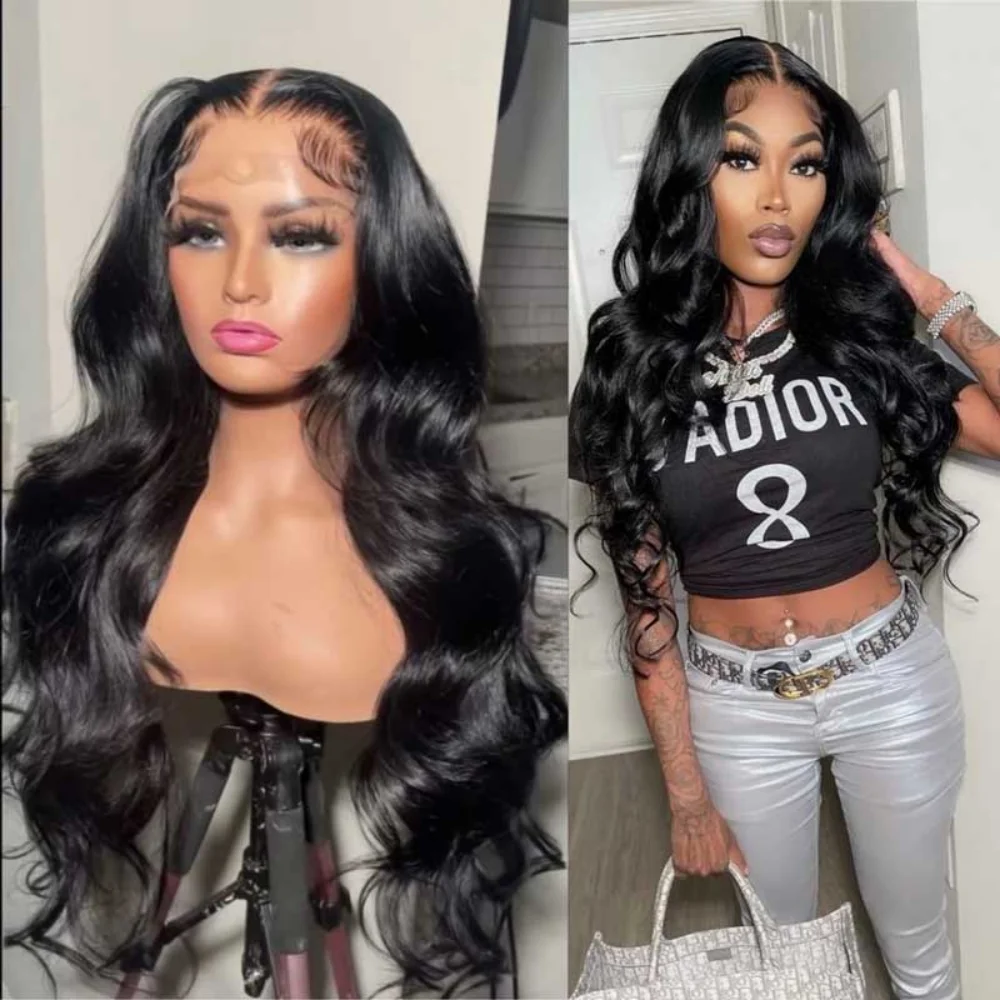 Brazilian Soft Body Wave Human Hair Wigs 40 Inch Natural Black Tone 13x4 HD Lace Frontal 250 Density Pre Plucked Baby Hair All Occasion Styling Wigs