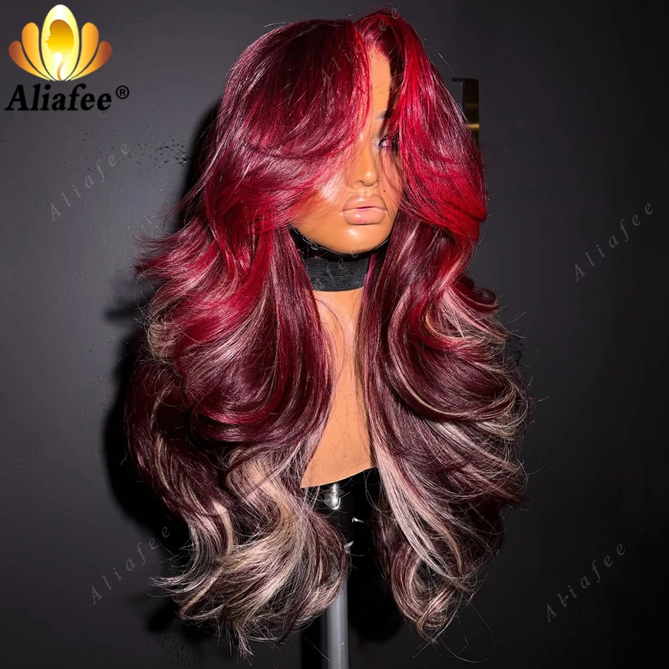 Burgundy with Blonde 180% Density Lace Frontal Wig 13x6 Highlight 99J Red Brazilian Pre Plucked 13X4 Lace Frontal Wig for Women