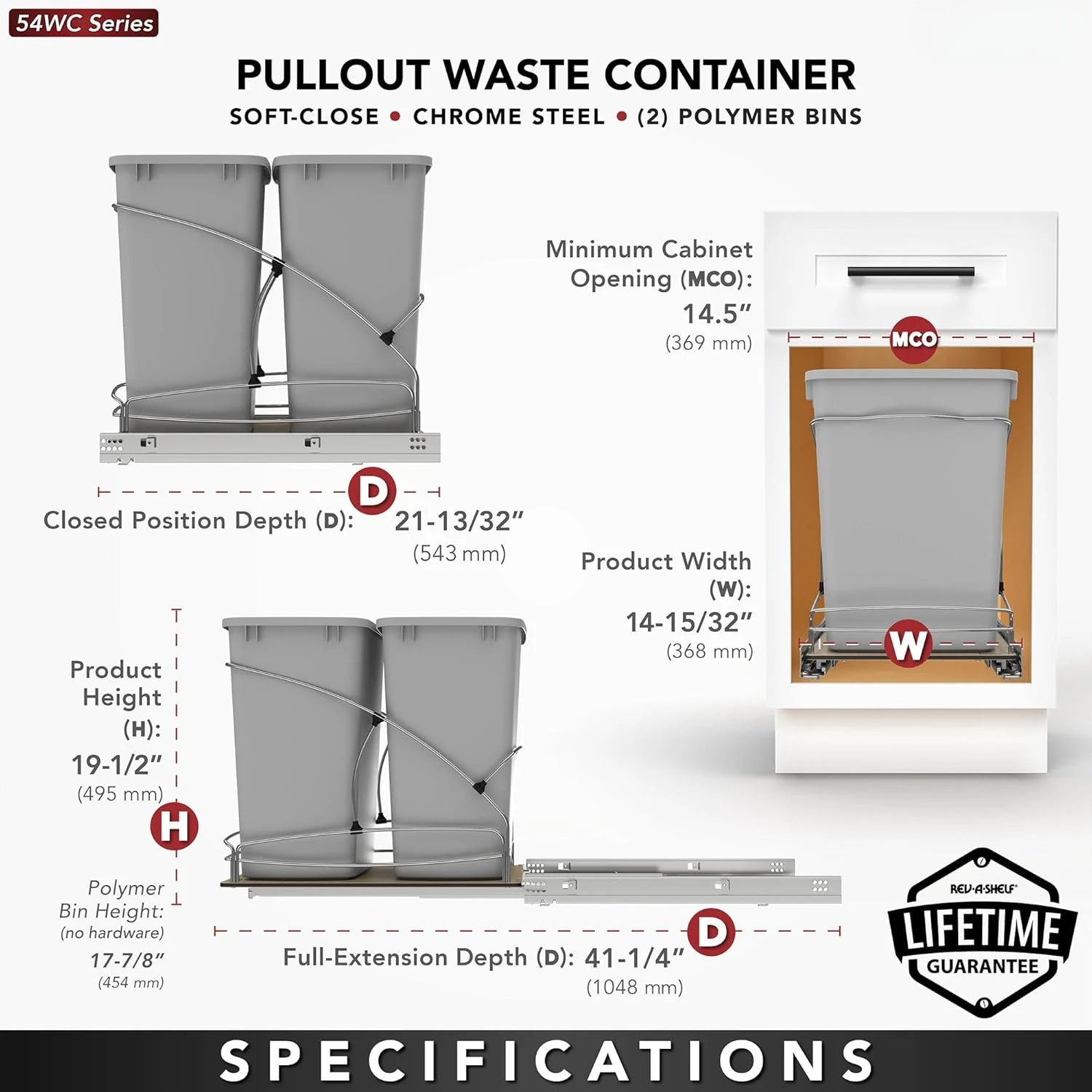 Steel Bottom Mount Double 35 Quart 8.75 Gallon Waste Bin Trash Container for Under Kitchen Cabinet with Soft Close, Gray