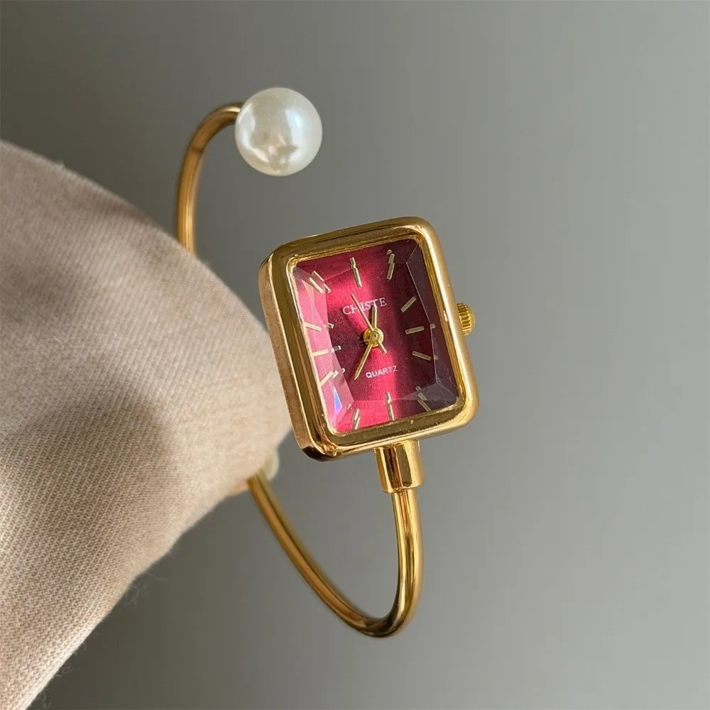 Luxury Square Dial Wrist Watch Pearl Strap Open Bracelet Pearl Bracelet Watch Female Wristwatch Women