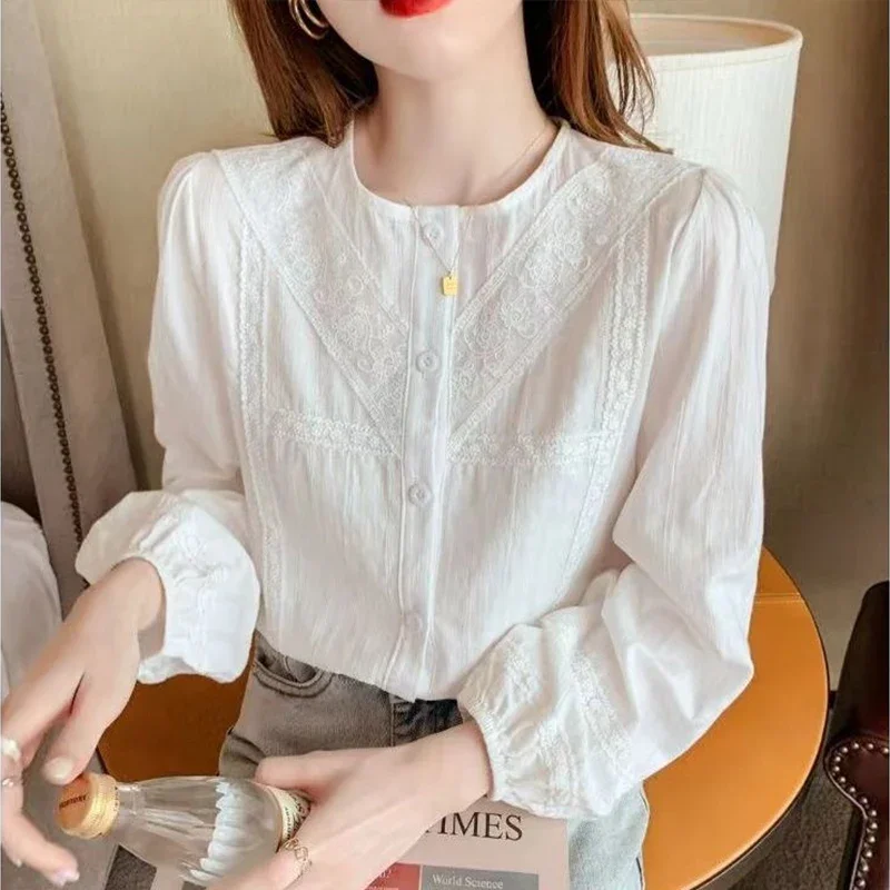 High End Long Sleeved Round Neck Jacquard Shirt for Women\'s Spring Autumn New French Style Temperament Elegant Loose Trendy Top