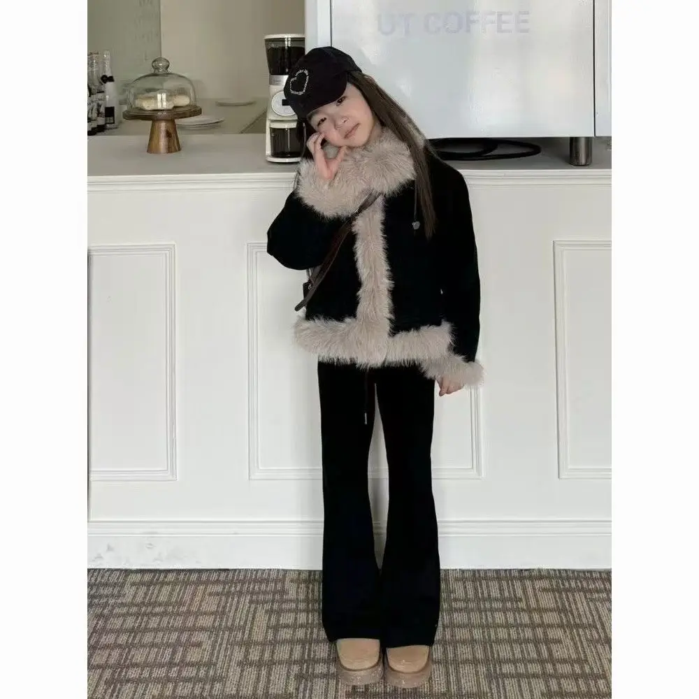 Girls Denim Jacket 2026 New Kids Korean Fleece Thick Warm Fall Creamy White Fur Winter Short Furry Coat Big Kids
