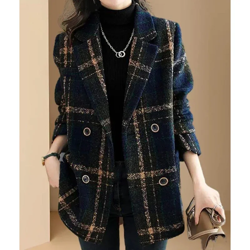 

Women Mid Casual Plaid Woolen Jacket Female Spring Autumn Retro British Style Wool Blend Lattice Overcoat Jacket Wild Top Z549