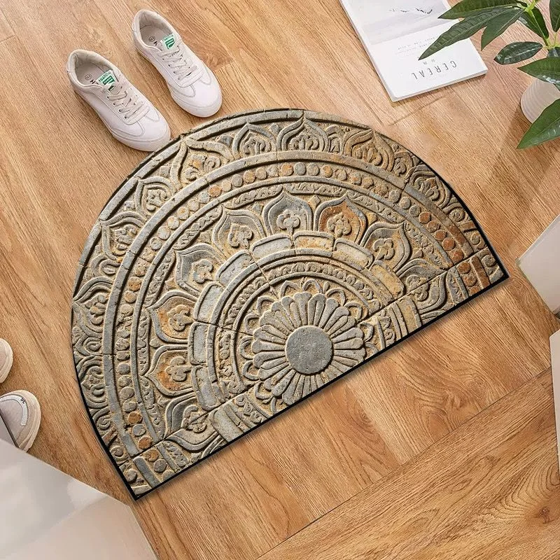 VIKAMA Vintage Stone Mandala Mat, Semi-Circle Carved Flower Rustic Bathroom Rug