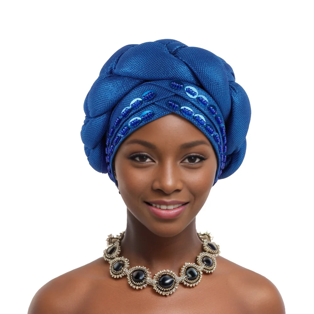 2024 Latest African Auto Geles Headtie Already Made Headties Shinning Turban Cap for Women Ready Nigerian Hijab Braid Head Wraps