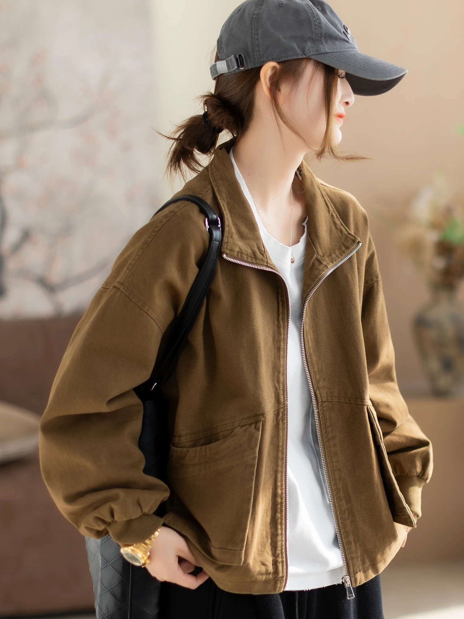 

Casual Loose Women's Cotton Jaet Commute Faionable Retro Top Zipper ket Long Sve Warm Straight Hem ort Coat