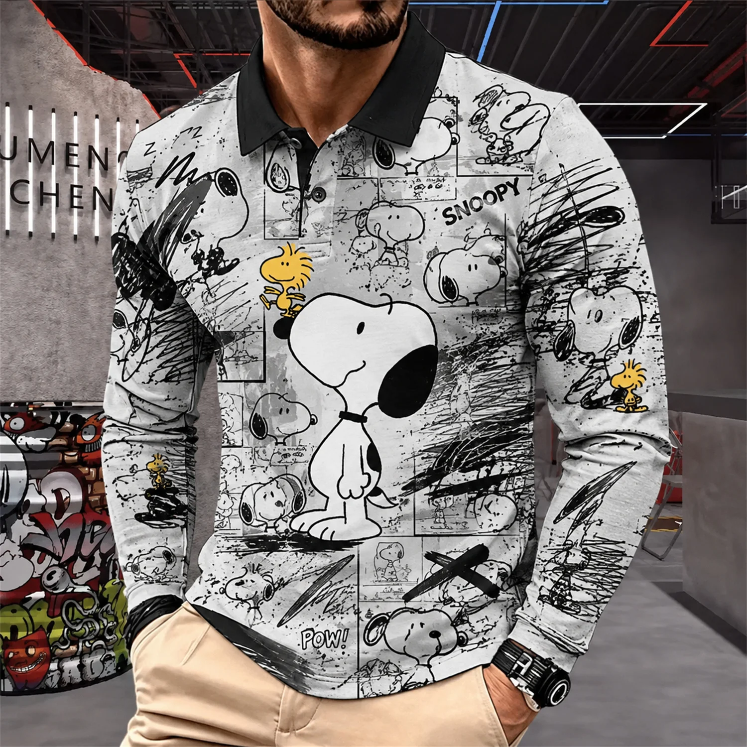 Herren Snoopy Woodstock Langarm-Poloshirt Peanuts Cartoon Grafik T-Shirt Casual Y2K Streetwear Pullover Top – Detail 7