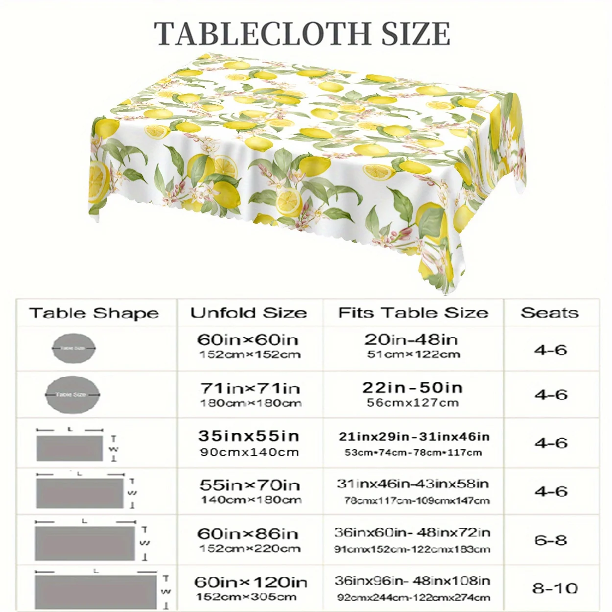 Party Tablecloth, Fresh Lemon Digital Print, 6 Sizes Wrinkle-Free Home Kitchen Cover for Birthday Parties Party Planners