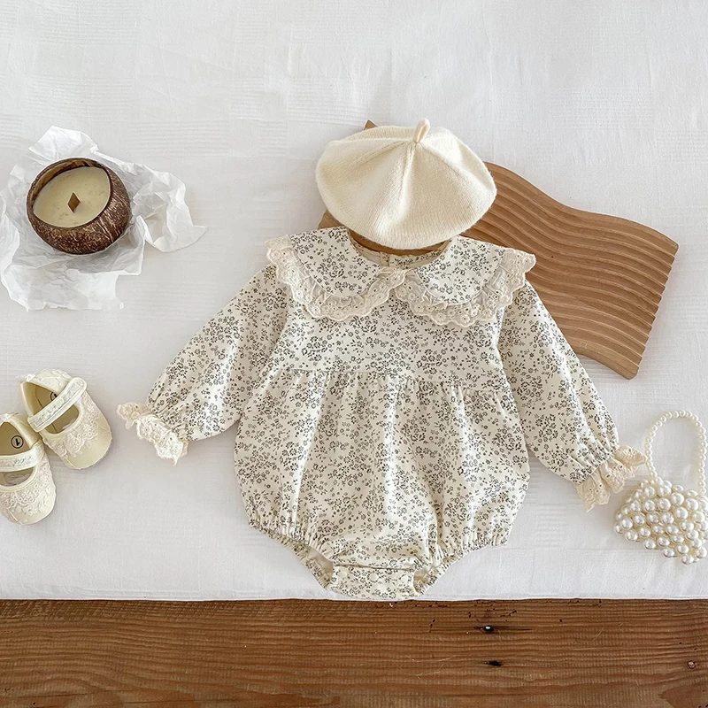 Baby Girls Romper Autumn Infant Baby Bodysuit Lace Flower Cotton Long Sleeved Newborn Baby Jumpsuit Princess Baby Girl Clothing