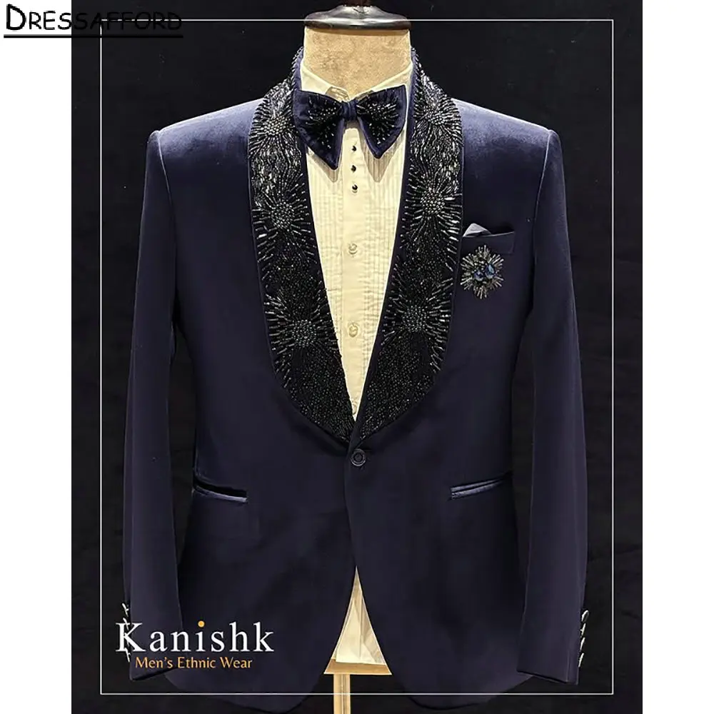 

Темно-синие официальные свадебные костюмы, мужской деловой костюм с кристаллами и бисером, комплект из 2 предметов (куртка + брюки), мужской смокинг, одежда для жениха