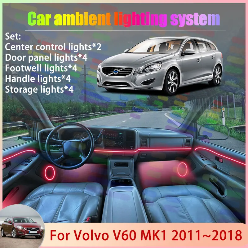 

For Volvo V60 MK1 2011~2018 2012 2013 2014 2015 2/18 in 1 Car Atmosphere Light Lamp RGB Shade Ensemble Streamer Atmosphere Set