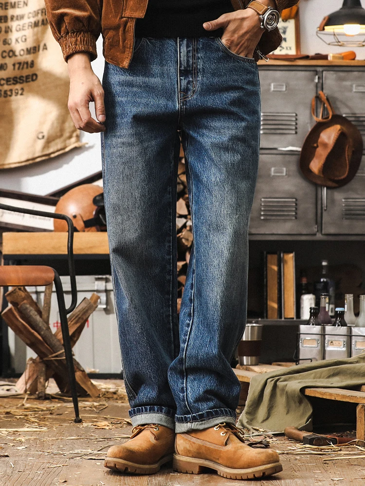 

Classic American Vintage Blue Jeans Men's Straight Leg Loose Wide Leg Stone Waed Casual Trousers Youth Wear Cotton Denim