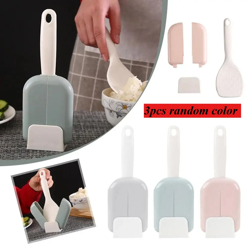 3pcs Random Color Creative Simple Practical Automatic Opening And Closing Standing Rice Spoon Plastic Non-Stick Surface Rice Spo