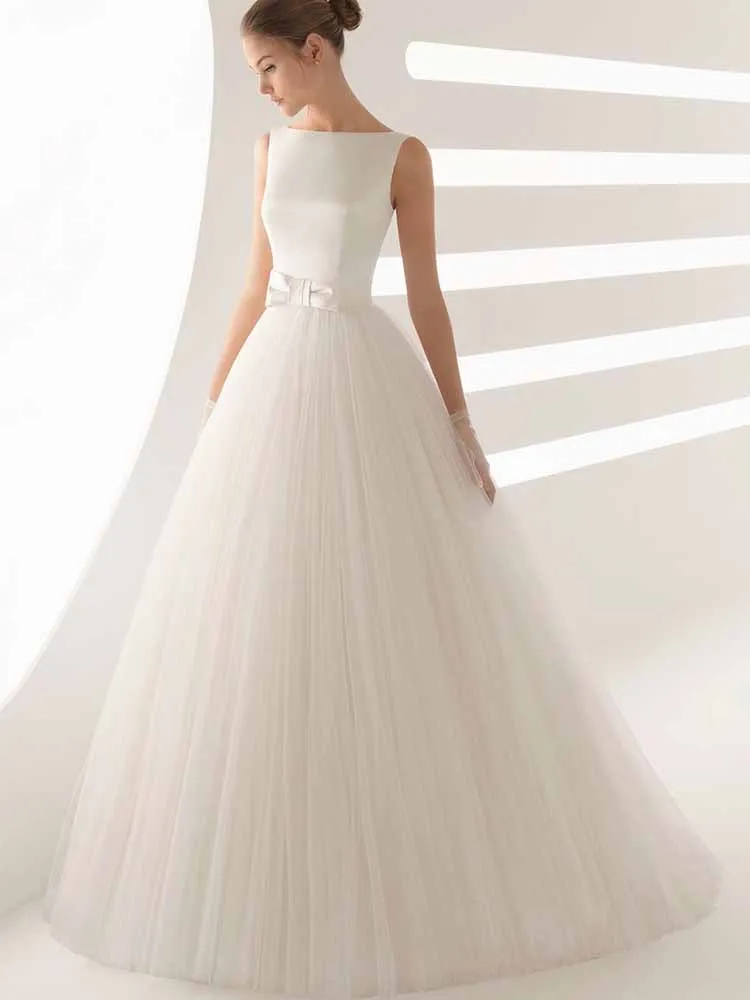 

Formal Wedding Guest Dresses Tulle A-line Wedding Party Dresses Ivory Boat Neck Bow Ruched Backless Tailing Wedding Dress Women