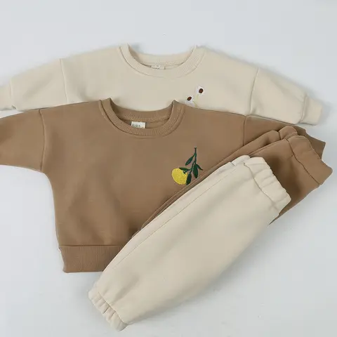 2025 Autumn Kid Sets Baby Boy Girl Clothes Embroidery Flower Thick Fleece Sweatshirt+Pants Warm Tracksuit Toddler Unisex Outfit