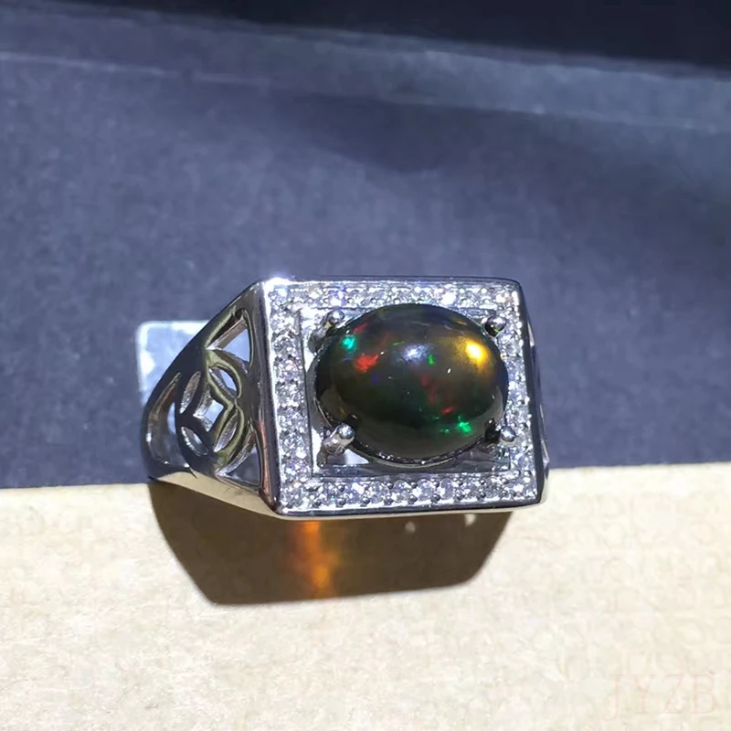 Natural Australian Opal men's Ring black fire Opal 925 sterling silver beautiful color