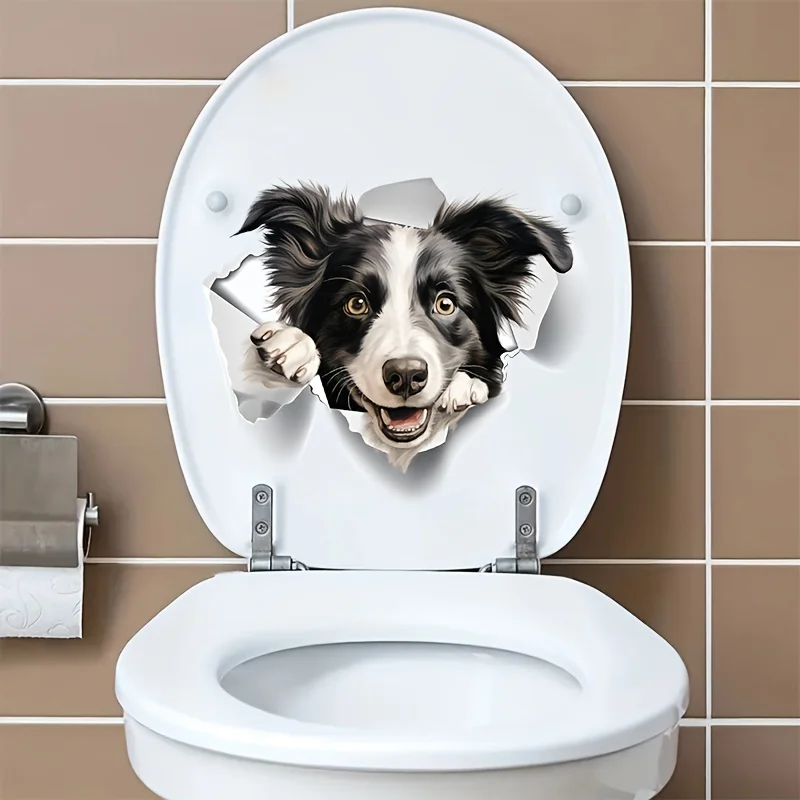 1 Cute Dog Toilet Sticker - Self adhesive prank bathroom decoration, playful Border Collie design, fun wall and door surface dec
