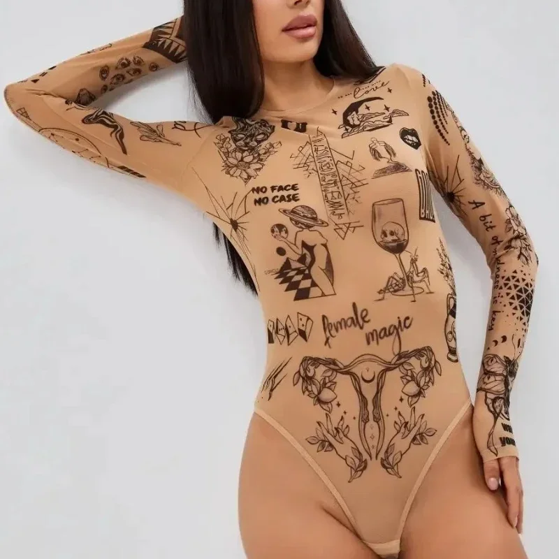 Spring Autumn Womens Skin Color Unique Design Sense Pattern Printed Round Neck Slim Fit Sexy Long Sleeved Tight Fitting Bodysuit