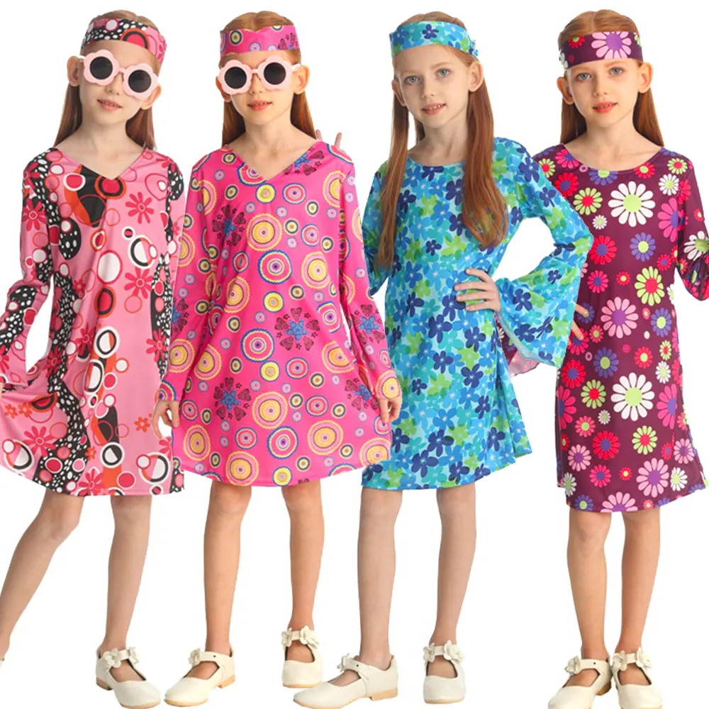Disfraz Hippie para Niña Pequeña de Halloween, Vestido Hippie Colorido Retro Americano, Disfraz para Actuación en Escenario