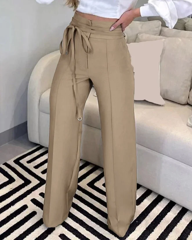 

2024 Autumn Women Fashion Tied Detail Straight Leg Work Pants Khaki Female High Waist Office Lady Elegant Long Trousers Clothing