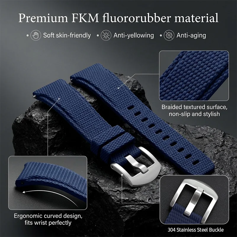 New Curved Fluororubber Quick-Release Watch Strap 20/21/22mm Adjustable Fkm Universal Replacement Strap