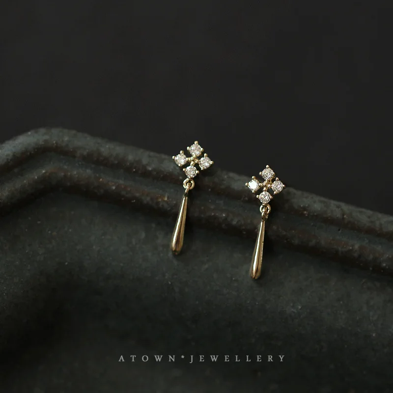 S925 Sterling Silver Water Droplets Earrings for Women Temperament Zircon Stud Earring Plated 14k Gold Delicate Jewelry