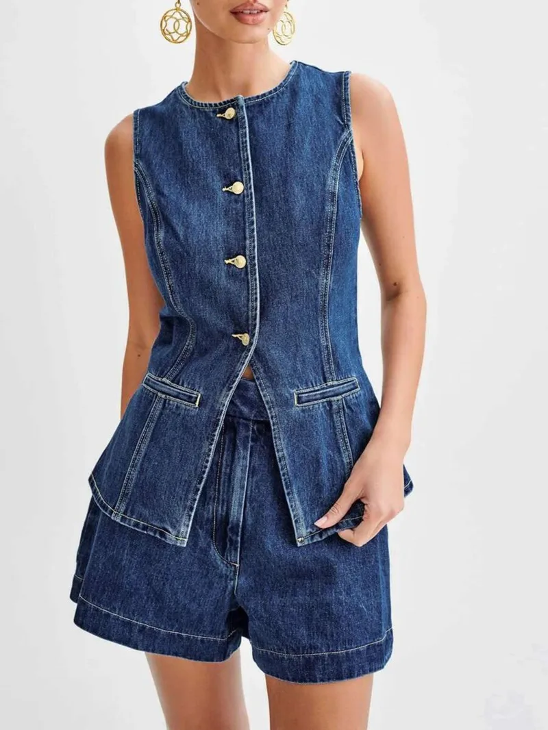 

Women‘s Denim Vest Spring Sleeveless Button Slit Crew Neck Waistcoat Fashion Casual Long Jean Vests Shorts Set Fashion Z5QR
