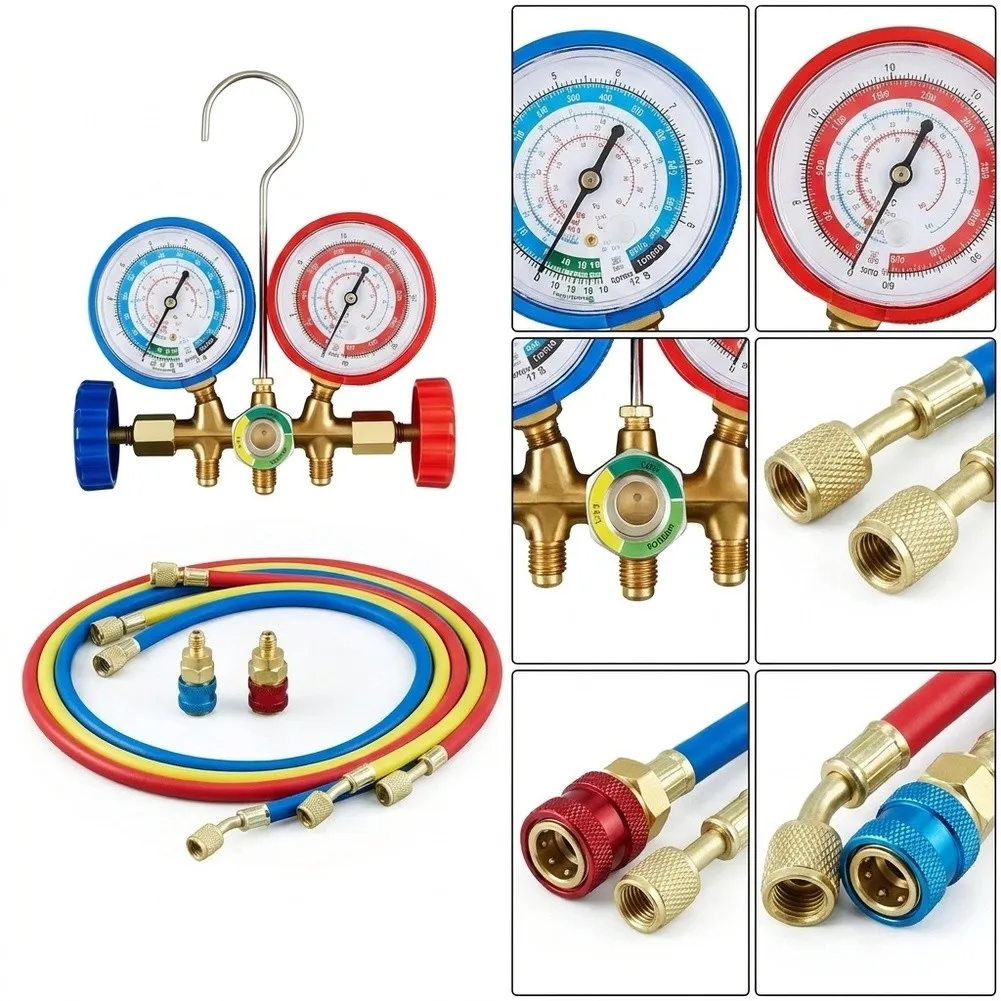 3 Way AC Manifold Gauge Set For R502 Hose Kit Automotive Air Conditioning Charging Tool With Pressure Tester