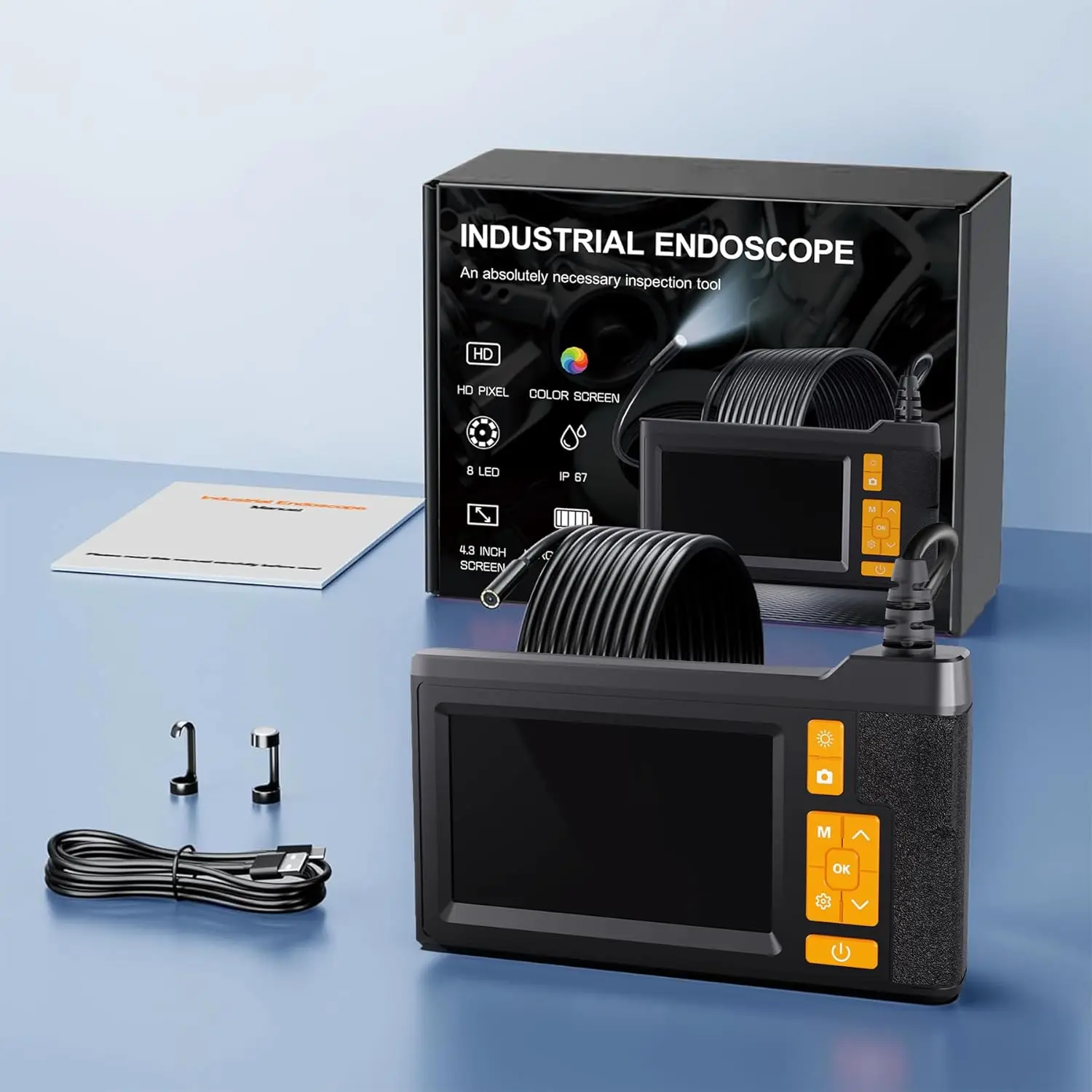 

HD-бороскоп 1080P с подсветкой, 4,3-дюймовый IPS, водонепроницаемая инспекционная камера, SD 32 ГБ, полужесткий кабель 16,4 фута