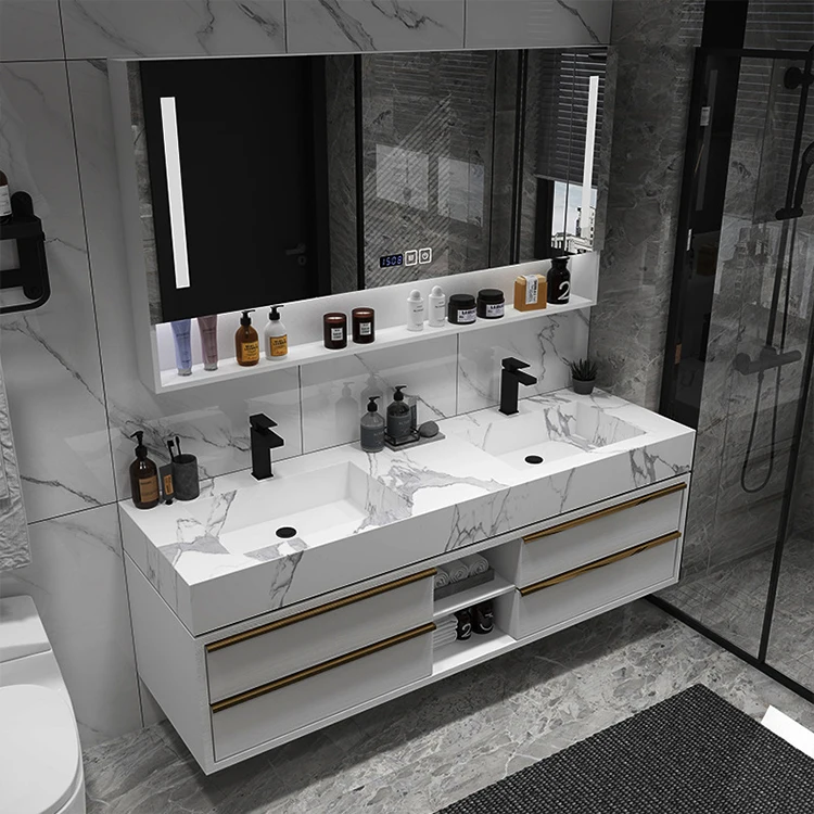 60 Inch Luxury Double Ceramic Basin Modern Waterproof Lighted Bathroom Vanity Cabinet With Soft Close Hardware Mirror Included