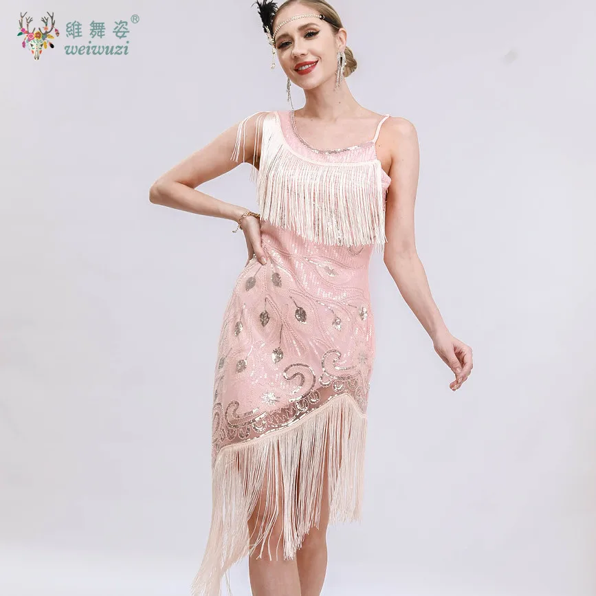 新しい 1920 年代のタッセル スパンコール ビーズ刺繍ノースリーブ キャミソール ドレス、レトロ エレガントな社交ミッドレングス シンチ イブニング ドレス