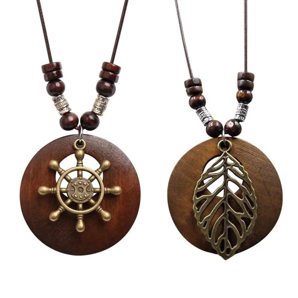 Retro Round Wooden Leaf Pendant Necklace Ethnic Style Metal Owl Rudder Tree Necklaces For Women Long Wax Rope Sweater Chain Gift