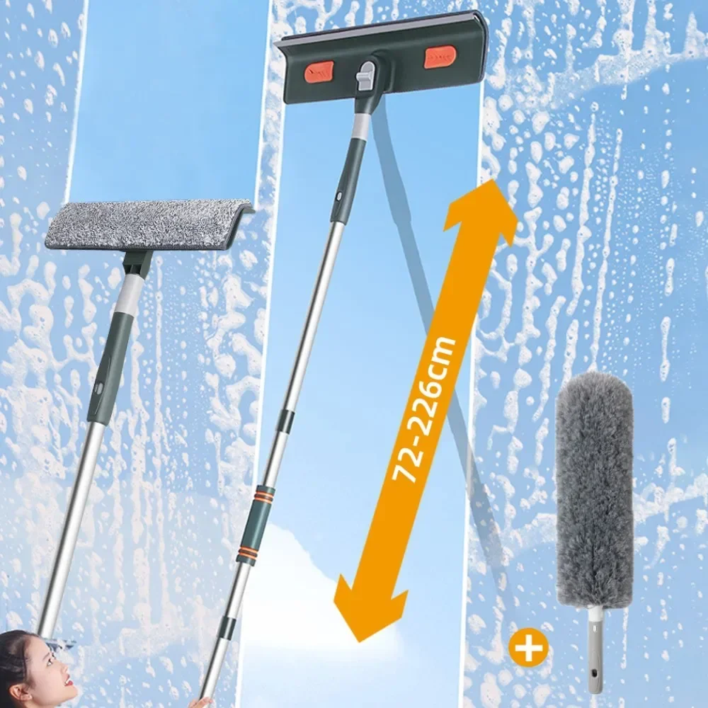

72-226CM Extended Window Cleaning Tool Glass Cleaner Mop with Silicone Scraper Window Cleaning Brush Household Cleaning Tools