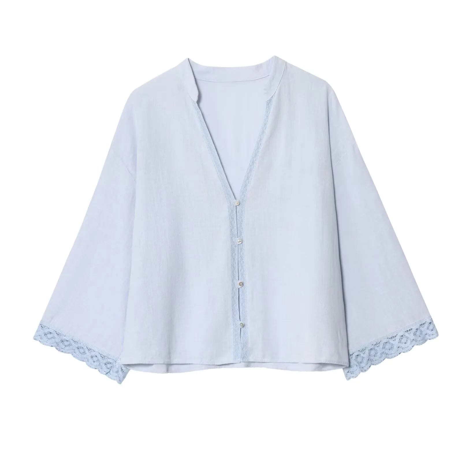 

Women's Casual Chic Linen Blended Lace Stitching Short Sleeve V-Neck Shirt MYST&ZA2025 Autumn New Arrivals