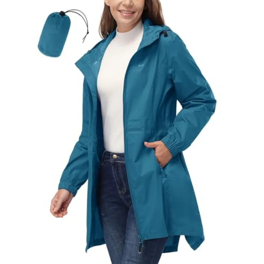 

33, 000Feet Women's Waterproof Long Rain Coats Packable Rain Jacket with Hood Trench Coats Windbreaker