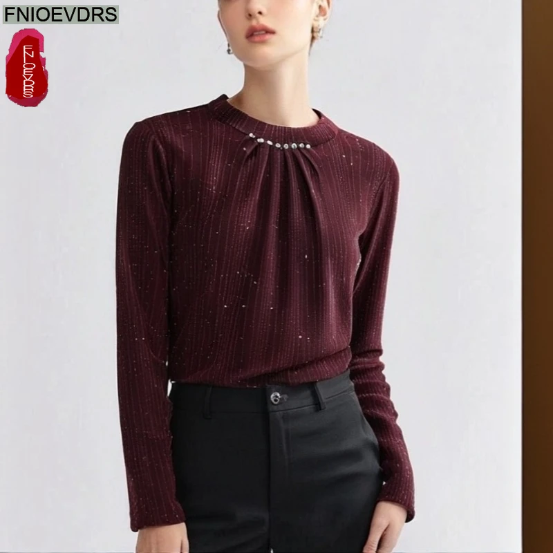 

Black Sheer Mesh Tops Blouses New Year Fashion Woman Long Sleeve Elegant Office Lady Basics Bling Beaded Top Stand Collar Shirts