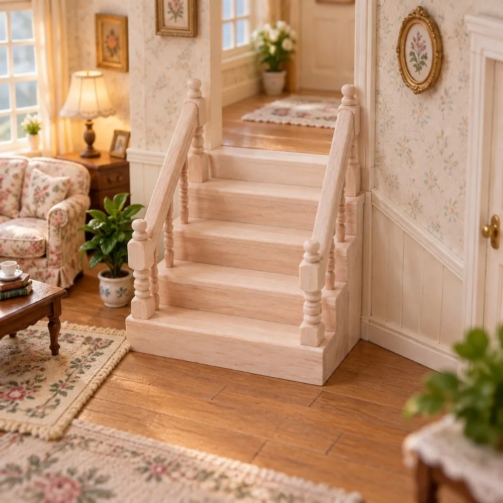 Wooden Dollhouse Miniature Staircase Delicate Realistic Miniature Handrail Staircase Decorative Plain Mini Furniture Stair