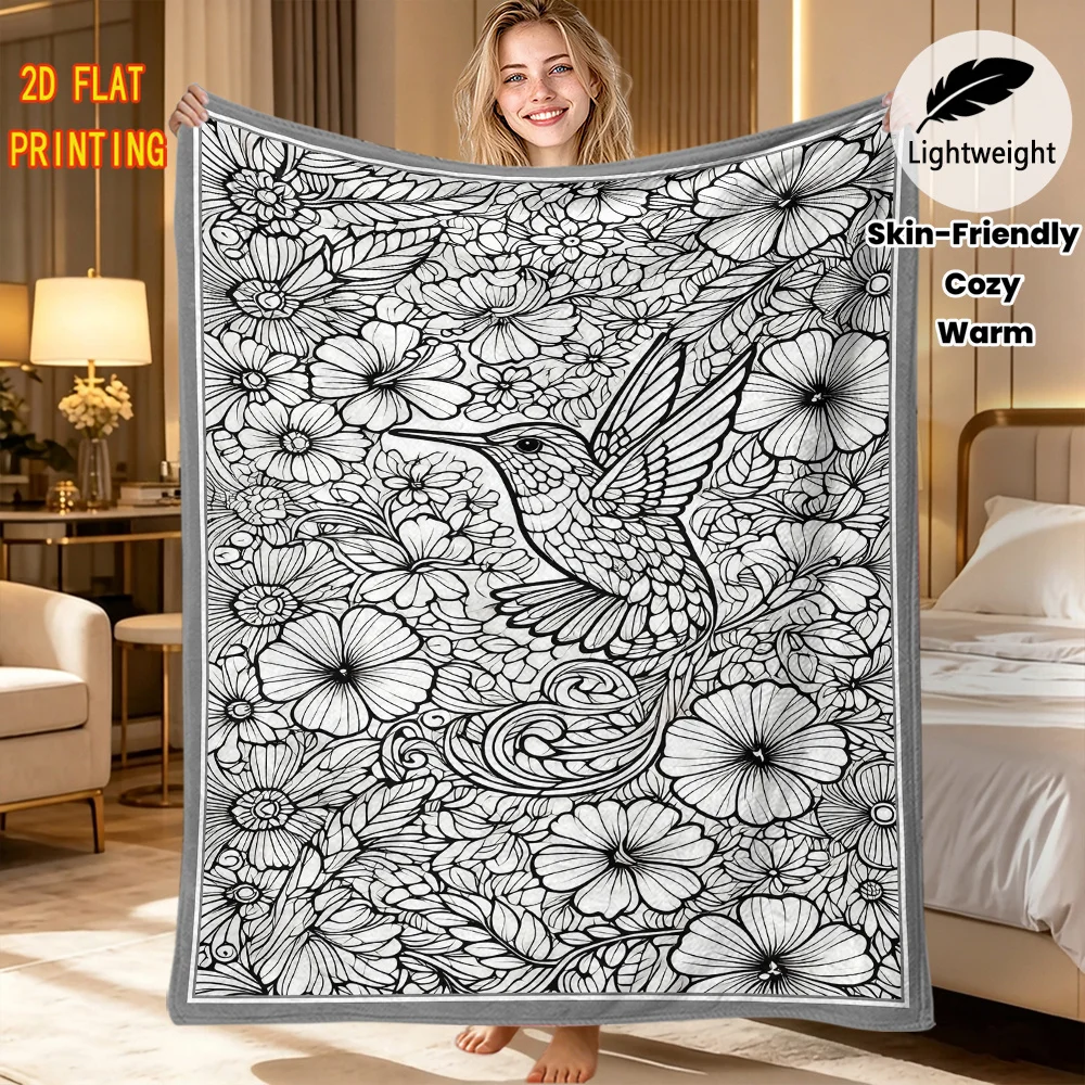 Soft Warm Throw Blanket Monochrome Zentangle Hummingbird Floral Line Art Lightweight Flannel For Indoor DIY blanket