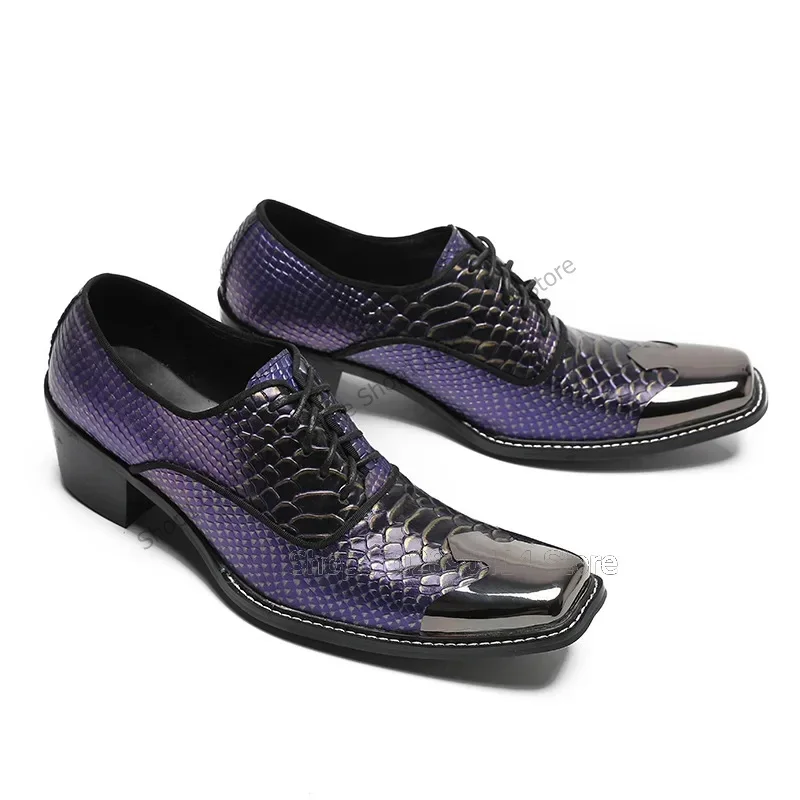 

Purple Snakeskin Print Metal Square Toe Men Shoes Fashion Lace Up Men Casual Shoes Luxury Handmade Party Banquet Men Dress Shoes