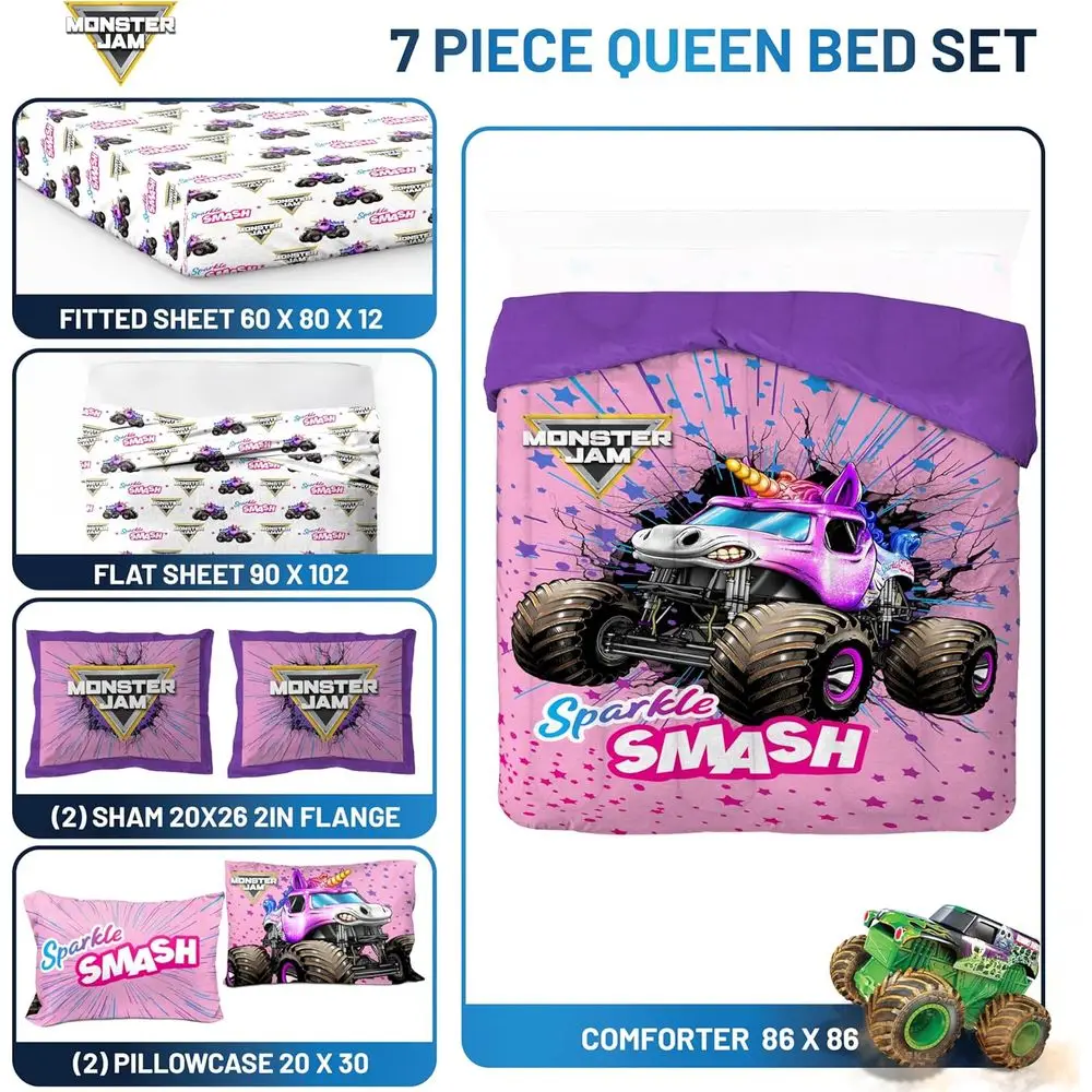 モンスタージャム ピンク 7点クイーン寝具セット シーツと枕カバー付きで快適でスタイリッシュな睡眠を実現