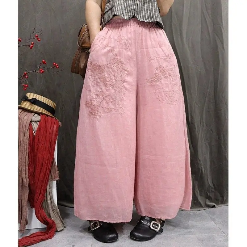 

Новинка 2023 года, весенние винтажные женские брюки из хлопка и льна в китайском стиле, свободные универсальные художественные широкие брюки с вышивкой, девятью дюймов