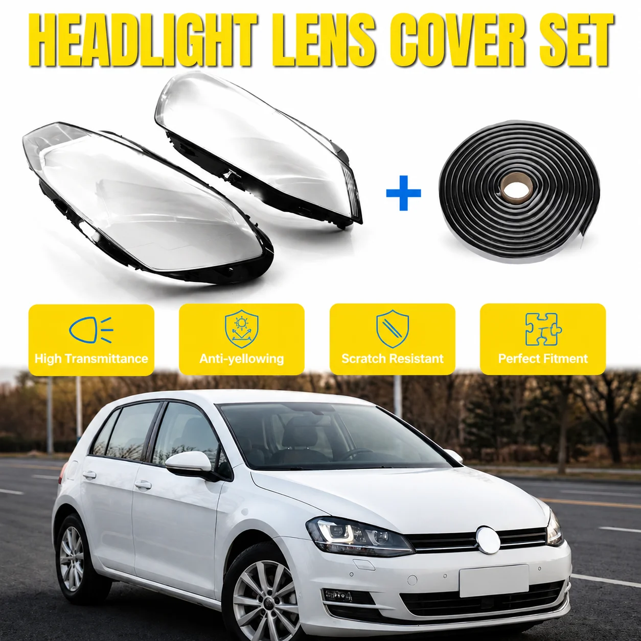 Headlight Clear Lens Cover Outer Shell Front Lamp Replacement For Volkswagen Golf 7 MK7 2014-2017 Headlamp Housing Waterproof Flexible Butyl Rubber Sealant Glue Durable Quick Installation Automotive