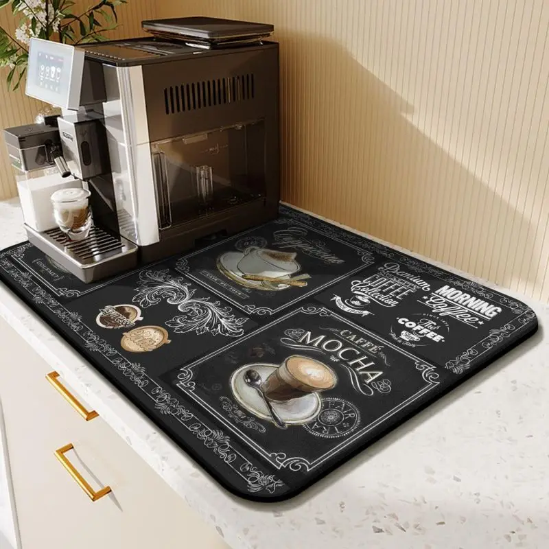 Classic Coffee Design Dish Drying Mat Soft Rubber Non-Slip Absorbent Stain-Resistant for Kitchen Coffee Bar Countertops