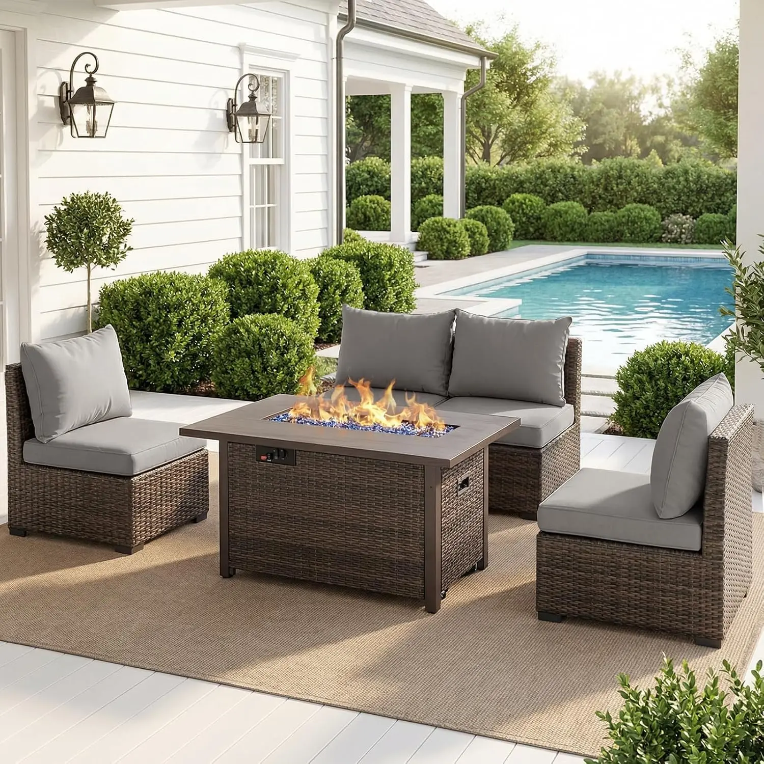 Gray Outdoor Rattan Sectional Sofa Set with Fire Pit Table, Thickened Cushion Patio Furniture 5 Pieces, Customized