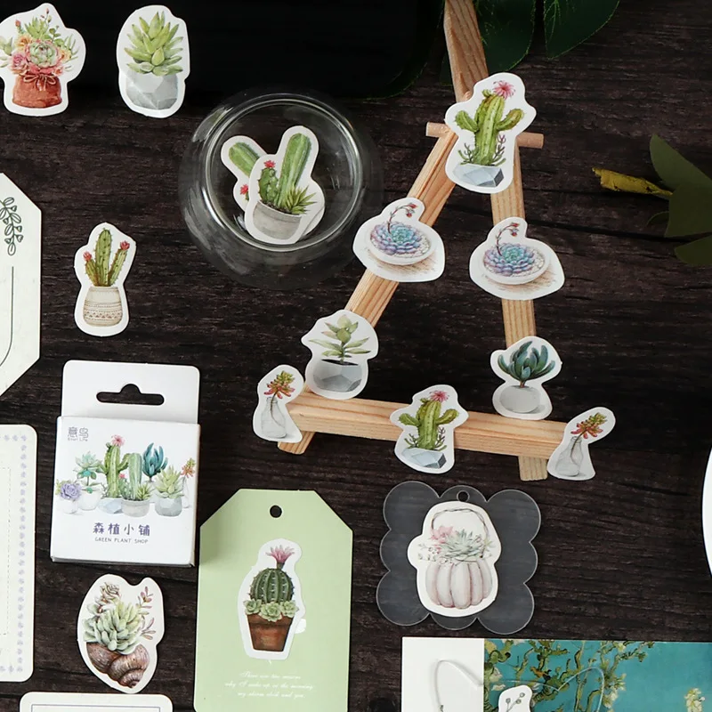 46pcs Cute Succulent Cactus Boxed Stickers Scrapbooking Vintage Plant Label Diary Stationery Album Phone Journal Planner