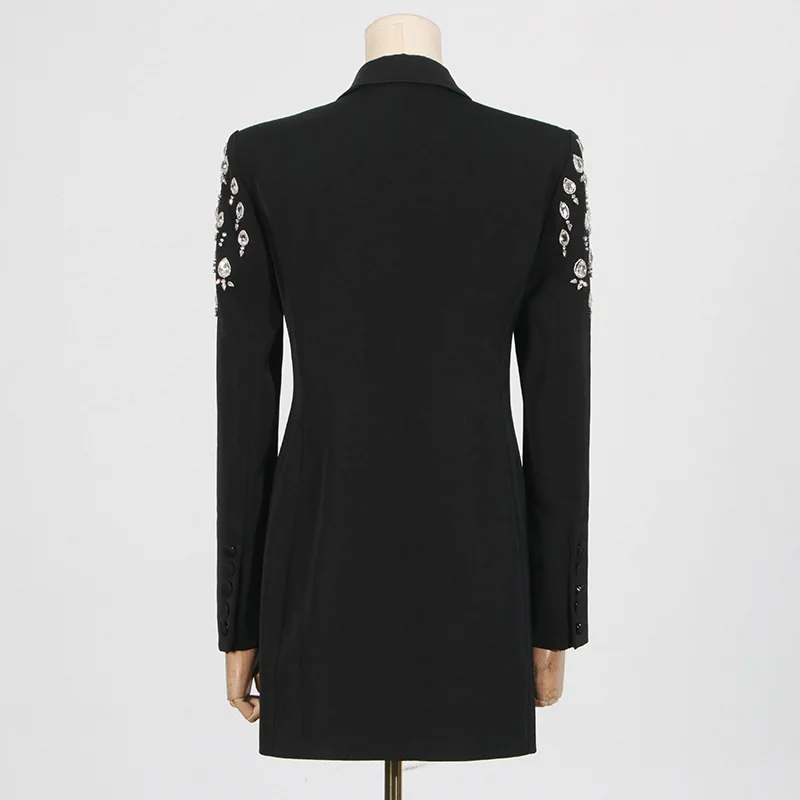 HKSH ฤดูใบไม้ร่วงใหม่ผู้หญิงแฟชั่น Elegant Heavy Craft Studded เพชรแขนยาว Double Breasted Pocket Coat Stylish Blazer HK8455