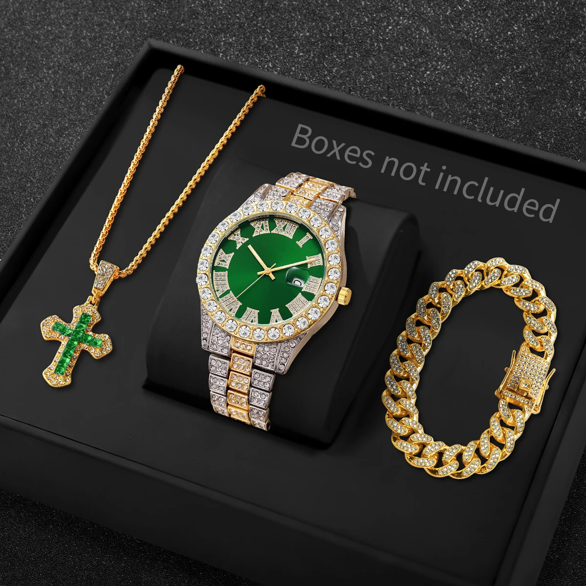 3PCS Luxury Full Diamond Men Quartz Watch Set with Necklace