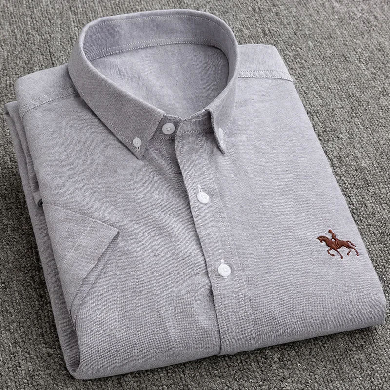 Plus Size S-6 XL Men\'s short Sleeve Embroidery Horse Casual No Pocket Solid Yellow Dress Shirt Men\'s 100% Cotton Oxford Shirt